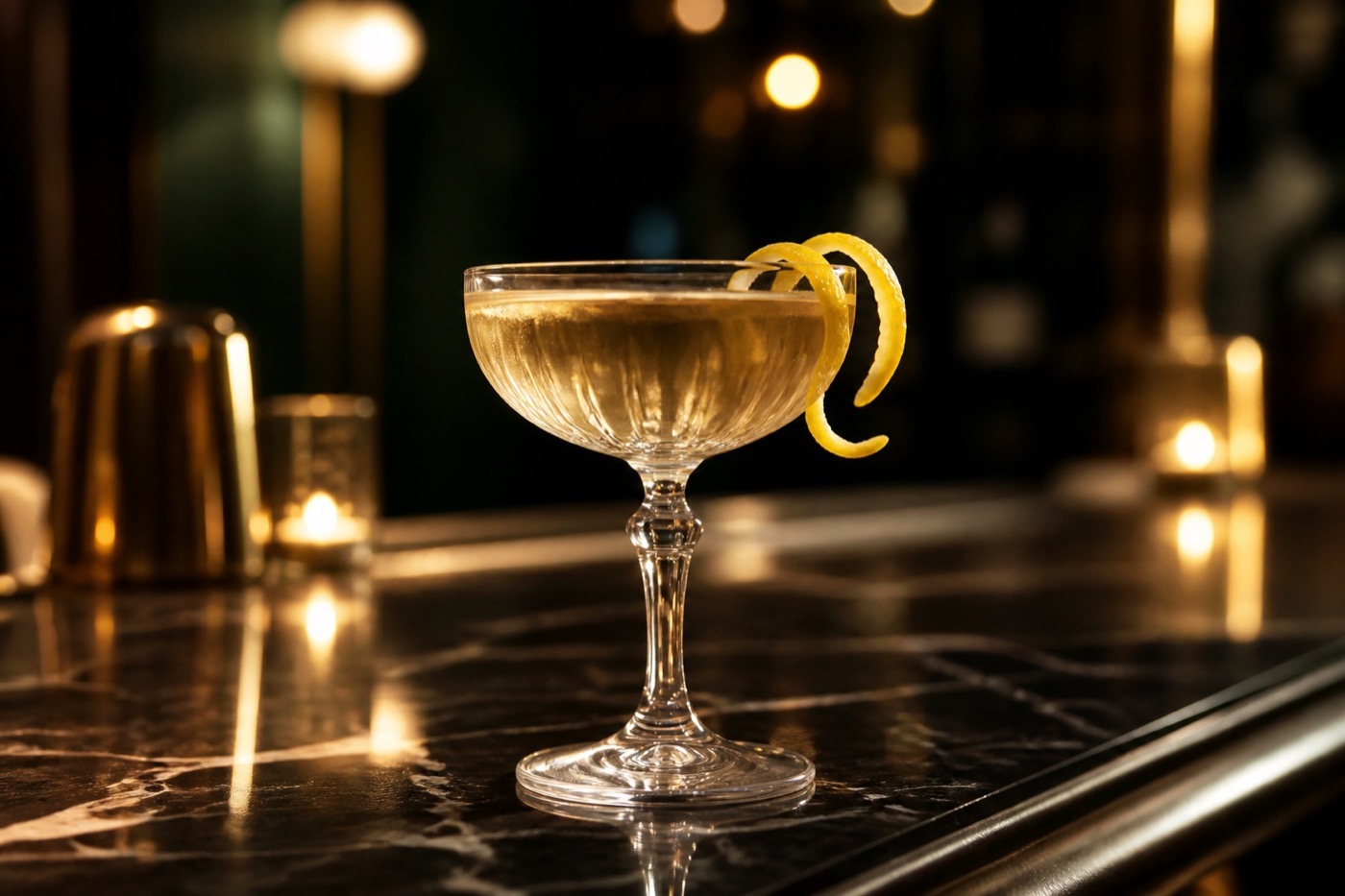 Champagne cocktail in a crystal coupe on a marble bar