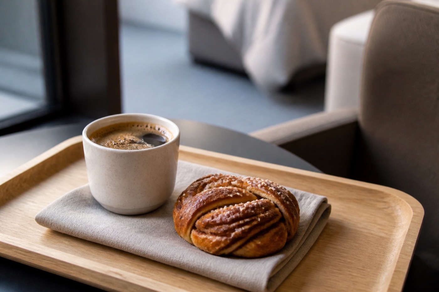 Espresso and cinnamon bun on a hotel cafe tray